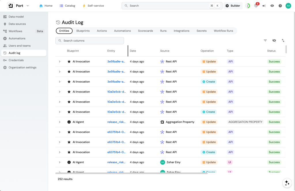 Screenshot of Port's Audit Log interface