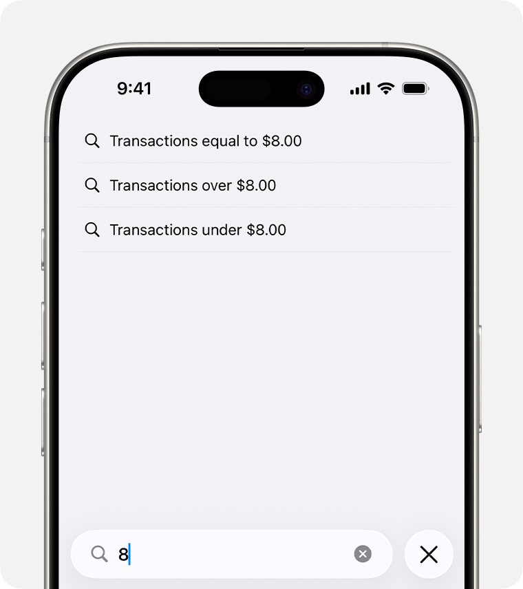 Searching for transactions by amount in the Wallet app.