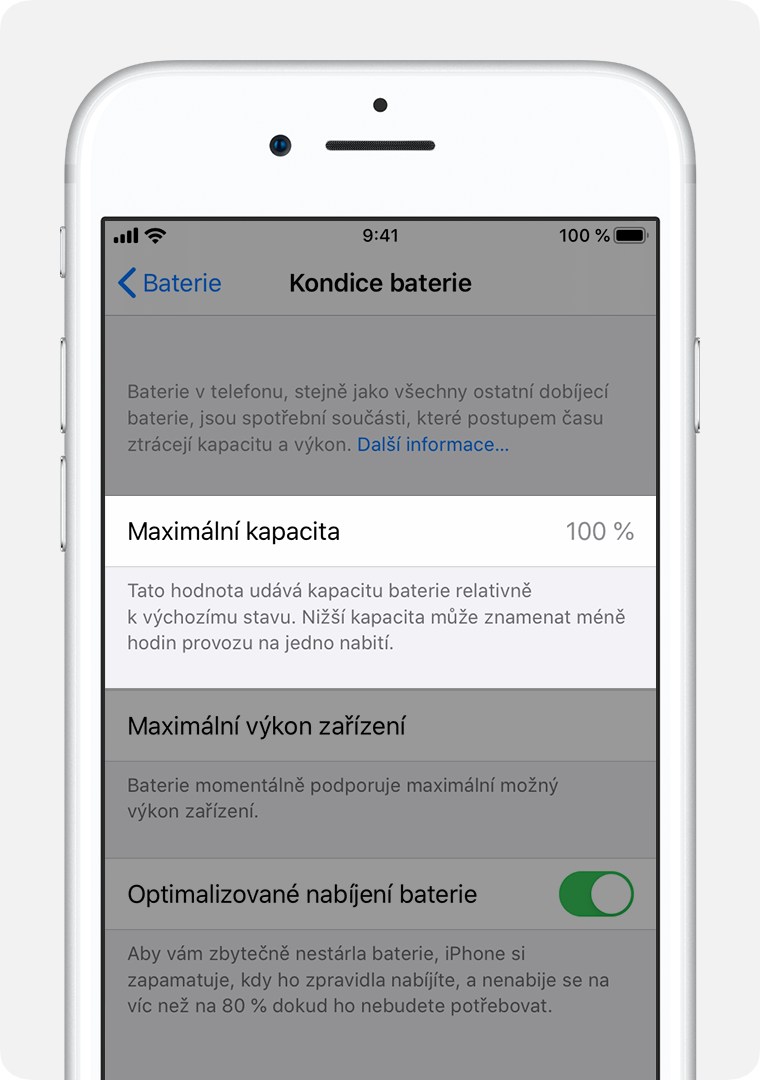 Obrazovka Kondice baterie se zvýrazněnou možností Maximální kapacita.
