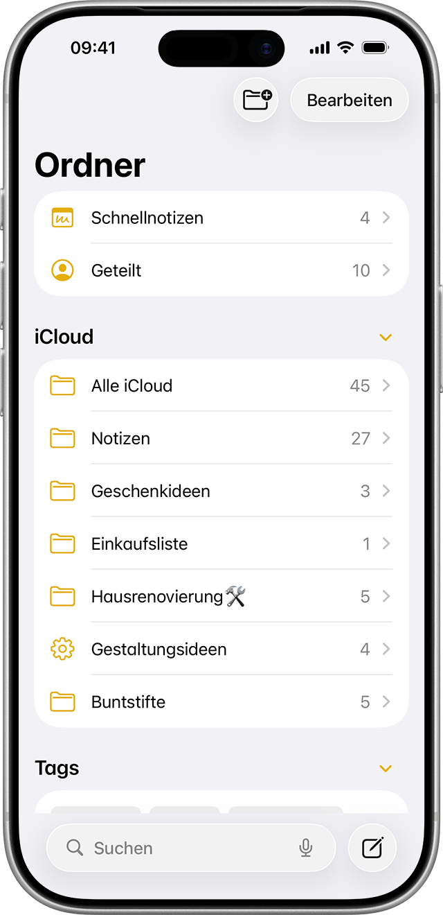 In der Notizen-App kannst du alle Tags und Ordner gleichzeitig anzeigen.