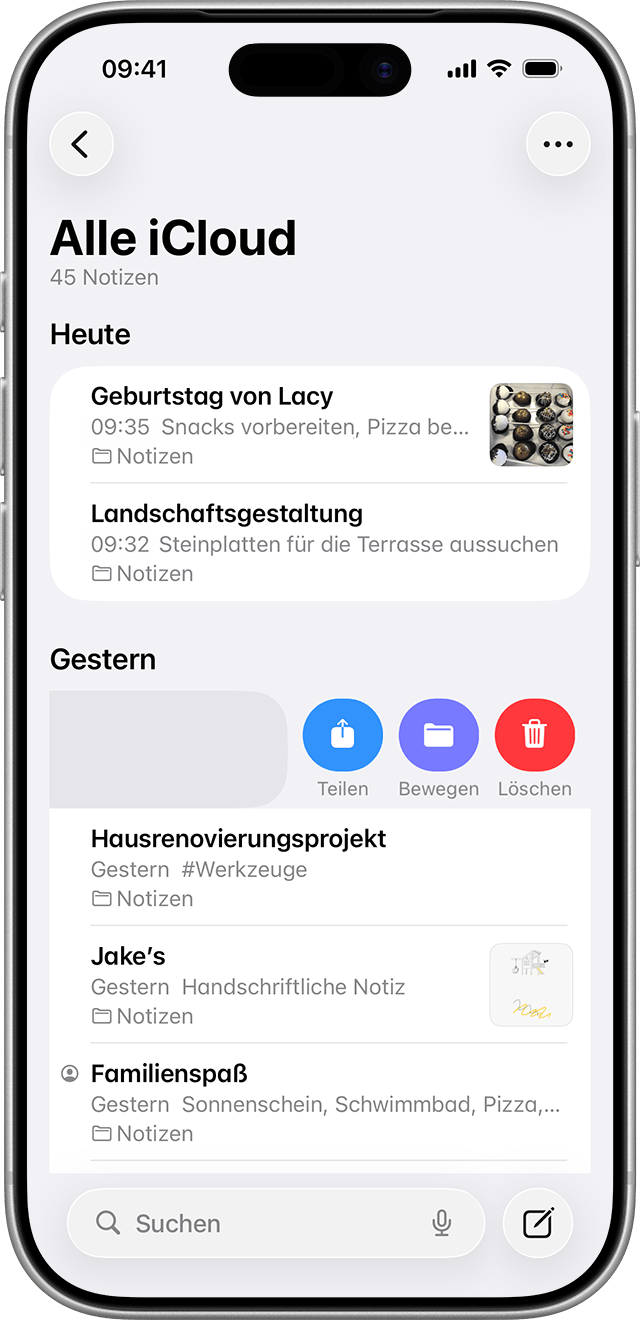 Streiche in der Notizenliste nach links über eine Notiz, und tippe dann auf die Papierkorb-Taste, um eine Notiz zu löschen.