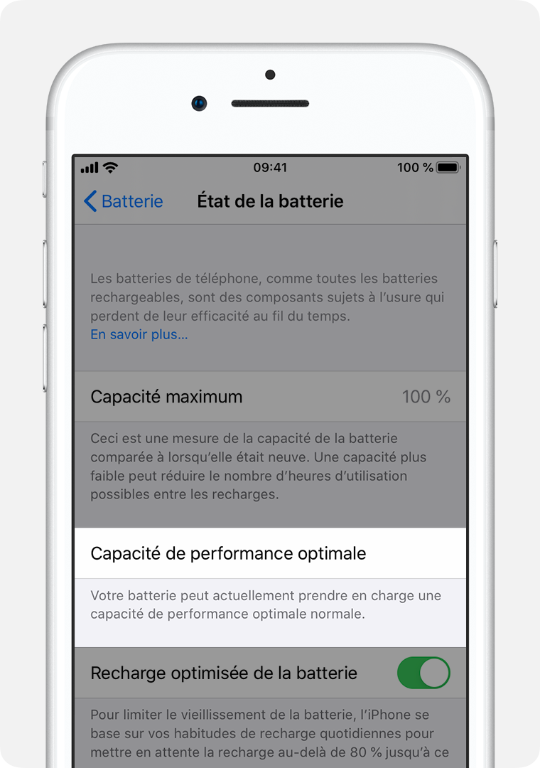 L’écran État de la batterie, avec Performances de pointe en surbrillance.