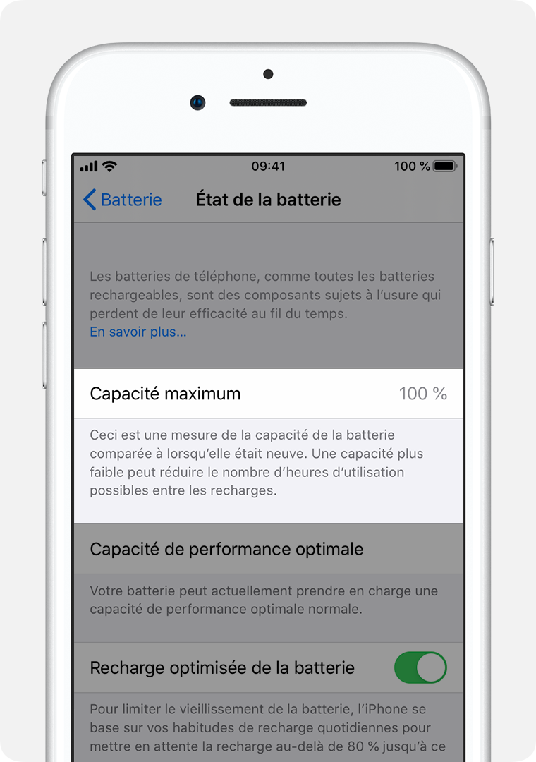 L’écran État de santé de la batterie, avec l’option Capacité maximum mise en évidence.
