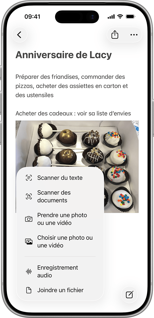 Lorsque vous ajoutez une pièce jointe à une note, vous pouvez choisir la note à laquelle ajouter la pièce jointe.
