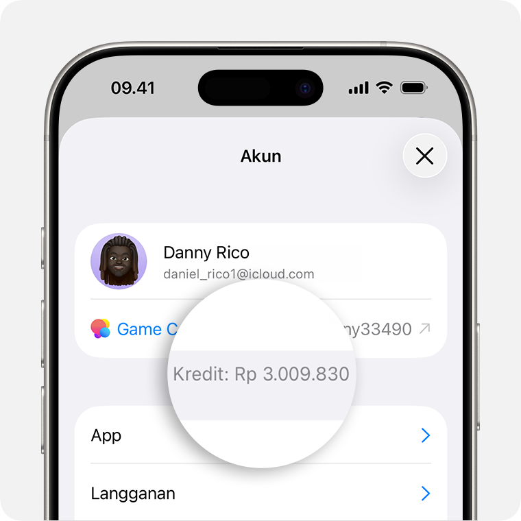 Layar Akun di App Store iOS, dengan saldo akun ditampilkan.