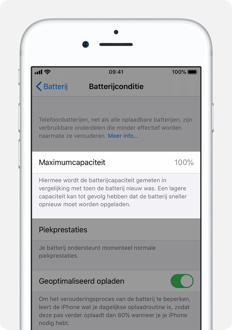 Het scherm ‘Batterijconditie’ met ‘Maximumcapaciteit’ gemarkeerd.