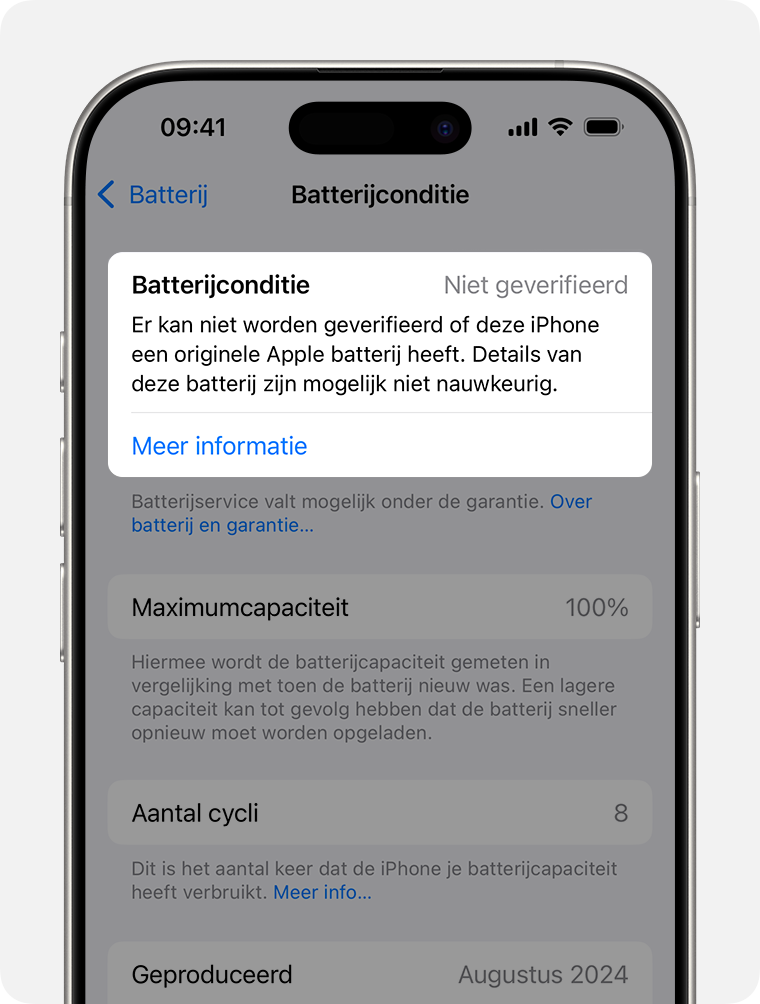 Het scherm ‘Batterijconditie’, met het gedeelte ‘Batterijconditie’ gemarkeerd.