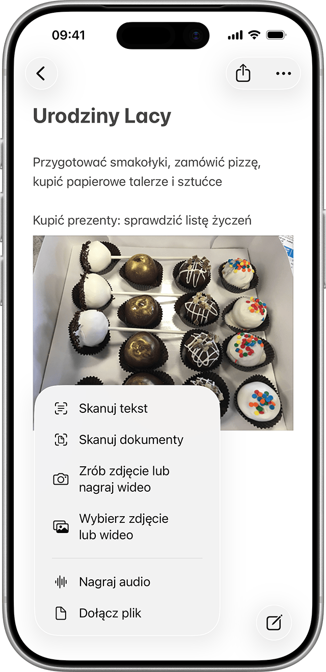 Gdy dodajesz załącznik do notatki, możesz wybrać, do której notatki chcesz go dodać.