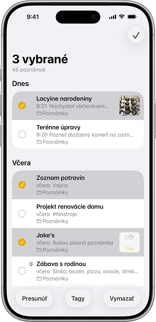 Ak chcete presunúť poznámky do rôznych priečinkov, prejdite do zoznamu Poznámky a klepnite na poznámky, ktoré chcete presunúť.