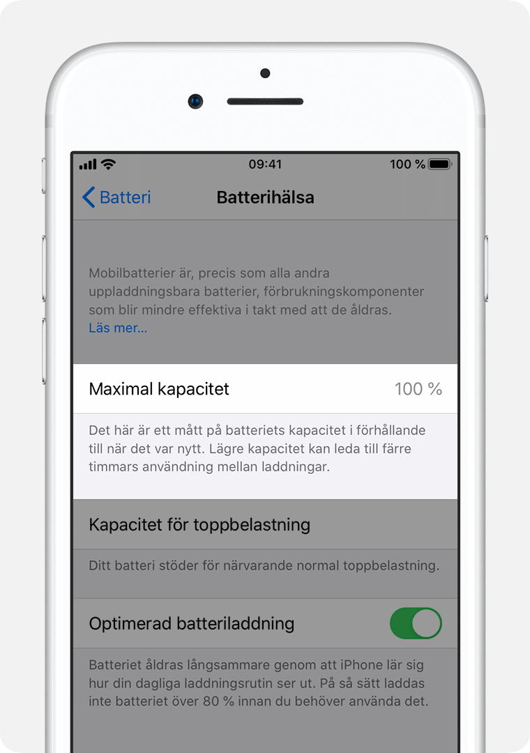 Skärmen Batterihälsa med Maximal kapacitet markerad.