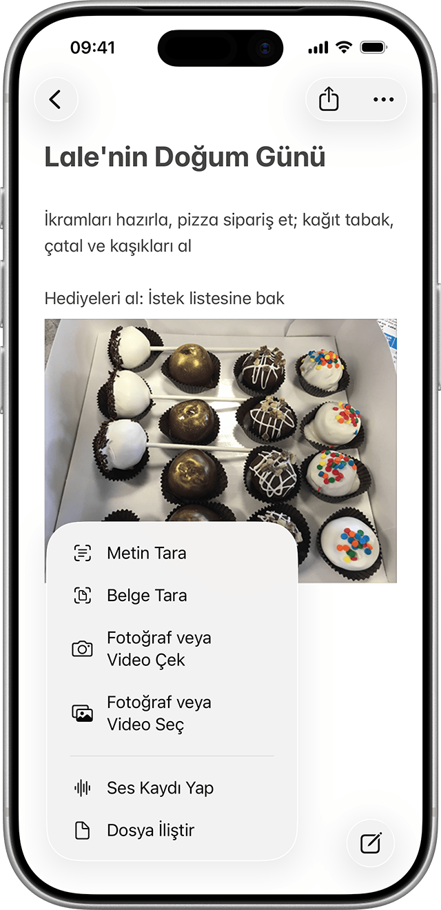 Bir nota ek eklediğinizde, eki hangi nota ekleyeceğinizi seçebilirsiniz.