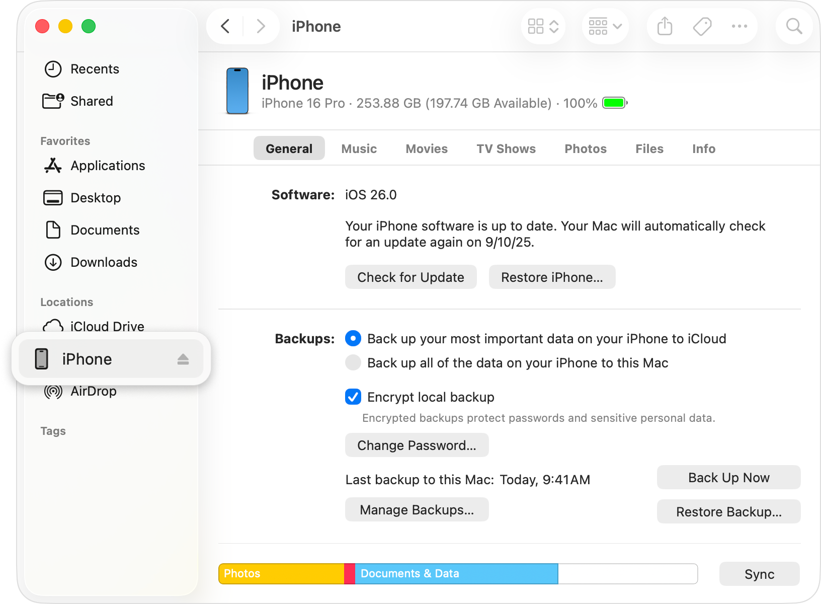 A Finder window showing iPhone selected in the sidebar.