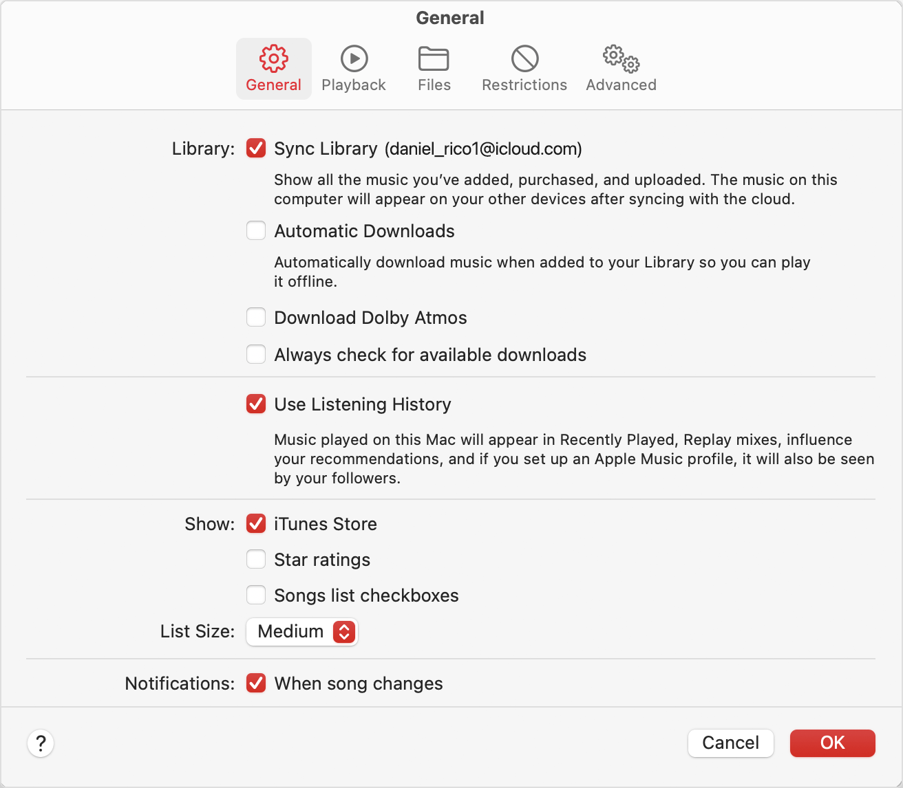 Apple Music Settings showing Sync Library turned on.