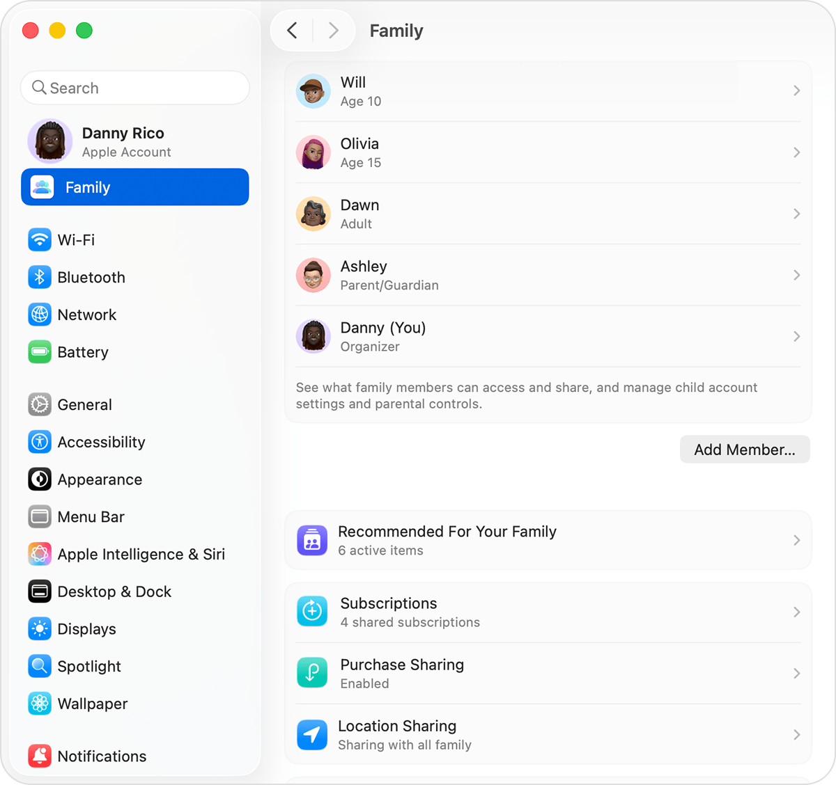 macOS screen showing the steps for adding a member to your Family Sharing group.