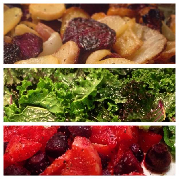 From top to bottom: roasted beets, turnips, carrots, kohlrabi, and rutabaga. Kale chips before baking. And boiled turnips, kohlrabi, and baby beets.