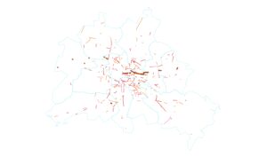 Eine Karte von Berlin zeigt in dünnen Strichen das teilweise umgesetzte Radnetz. Es sind nur einzelne Sprengsel zu sehen.