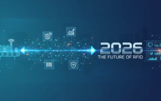 Futuristische visualisatie van RFID-technologie met een datanetwerk, pictogrammen voor logistiek en beveiliging, en de tekst “2026 – The Future of RFID”.