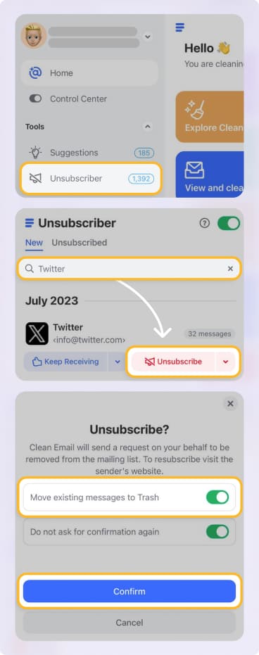 Unsubscribe from Twitter emails in Clean Email on iPhone