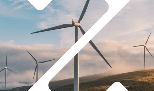 Wind turbines over a meadow with a cloudy pastel sky in the background, overlain by a creative frame for ACP and Wood Mackenzie's Wind Energy Market Outlook Report.