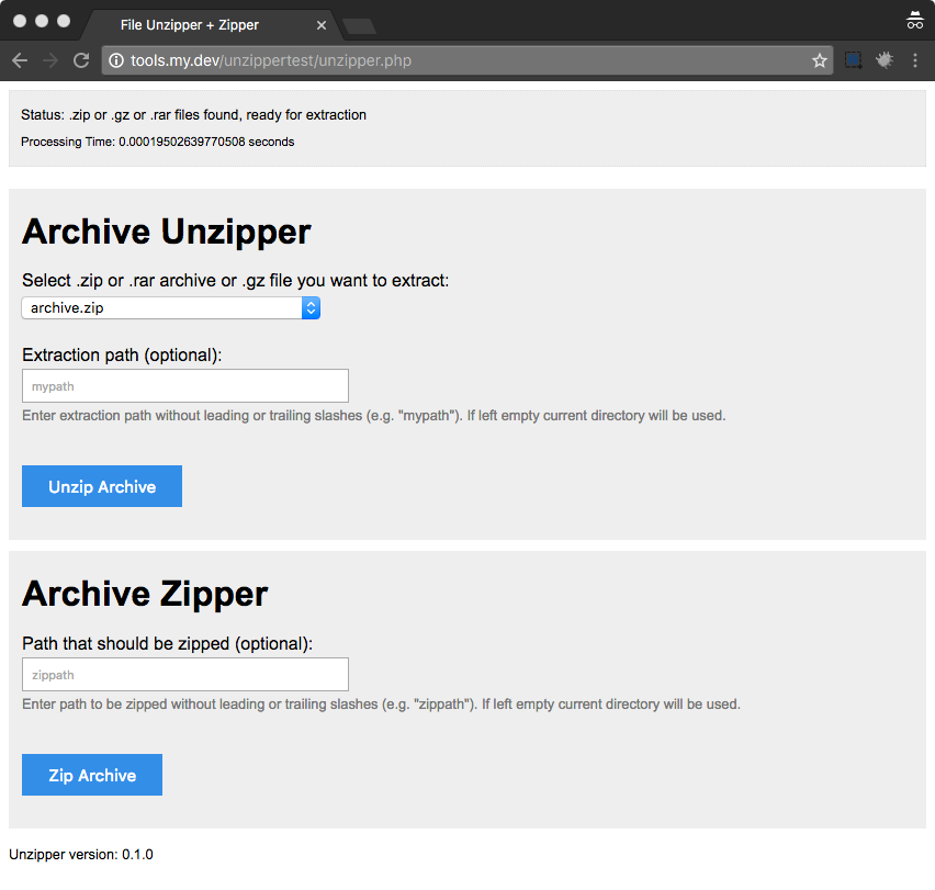 Screenshot of unzipper