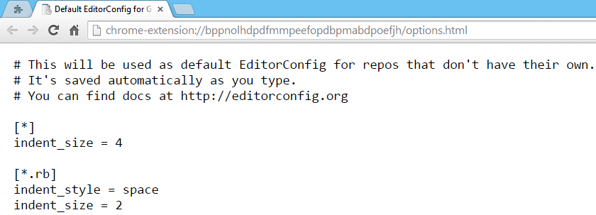 Options page (default editorconfig)