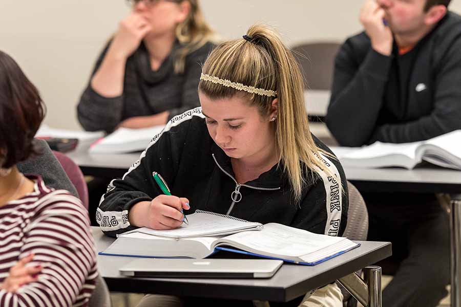student working on classwork at her desk