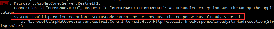 Error while setting the status code of the response after the response is sent to the client in the ASP.NET Core Middleware