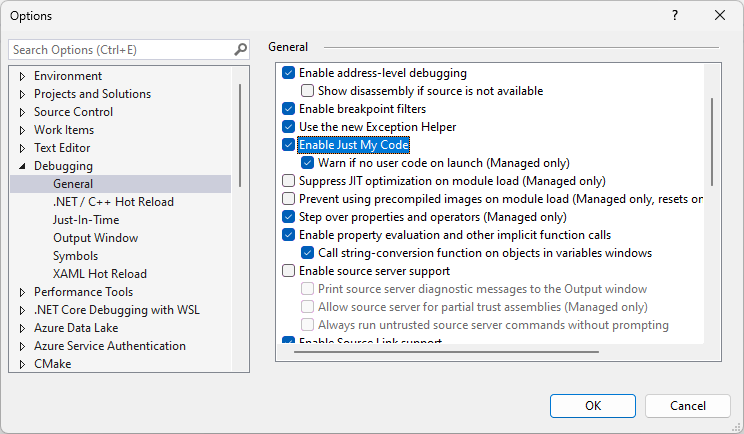 Visual Studio setting 'Enable Just My Code'