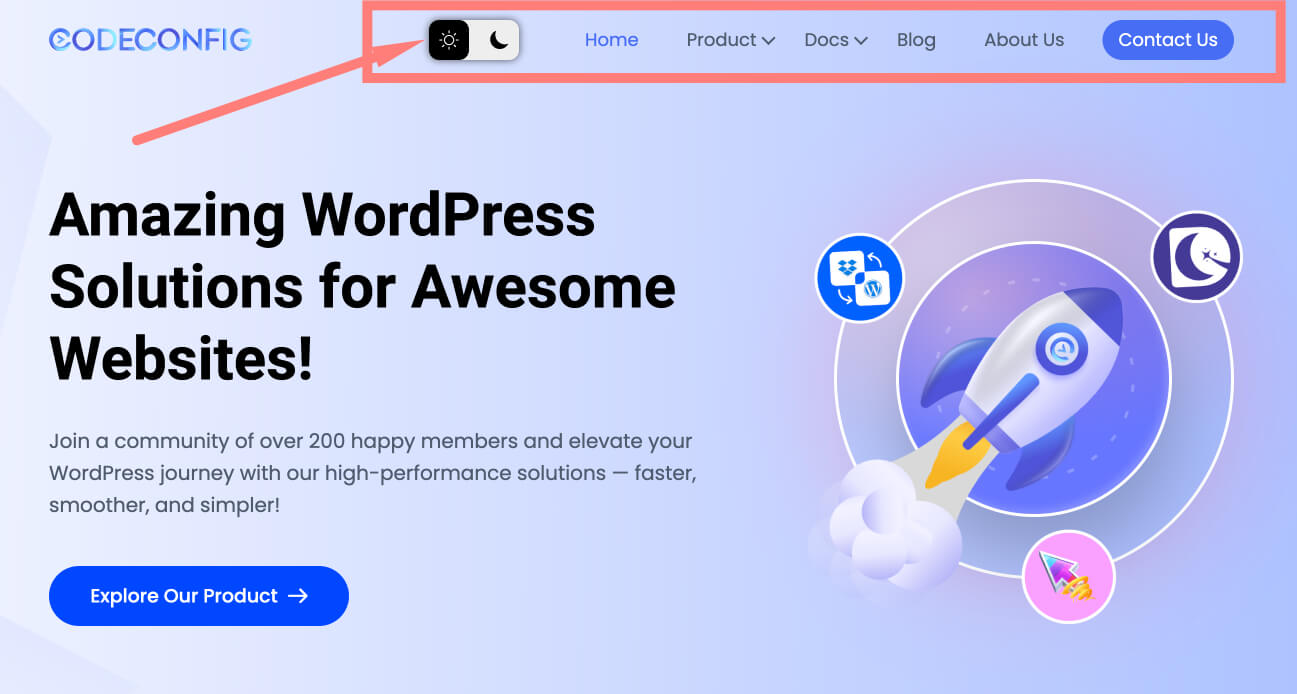 How to Add Dark Mode Toggle to the WordPress Menu 4 Right Side Toggle Menu in Dusky Dark Mode