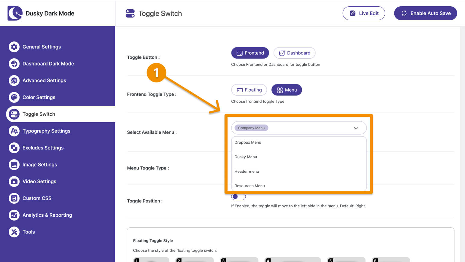 How to Add Dark Mode Toggle to the WordPress Menu 2 Dusky Toggle available menu