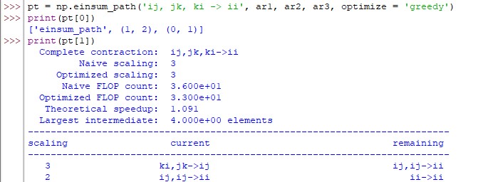 Results of einsum_path( ) set with greedy algorithm