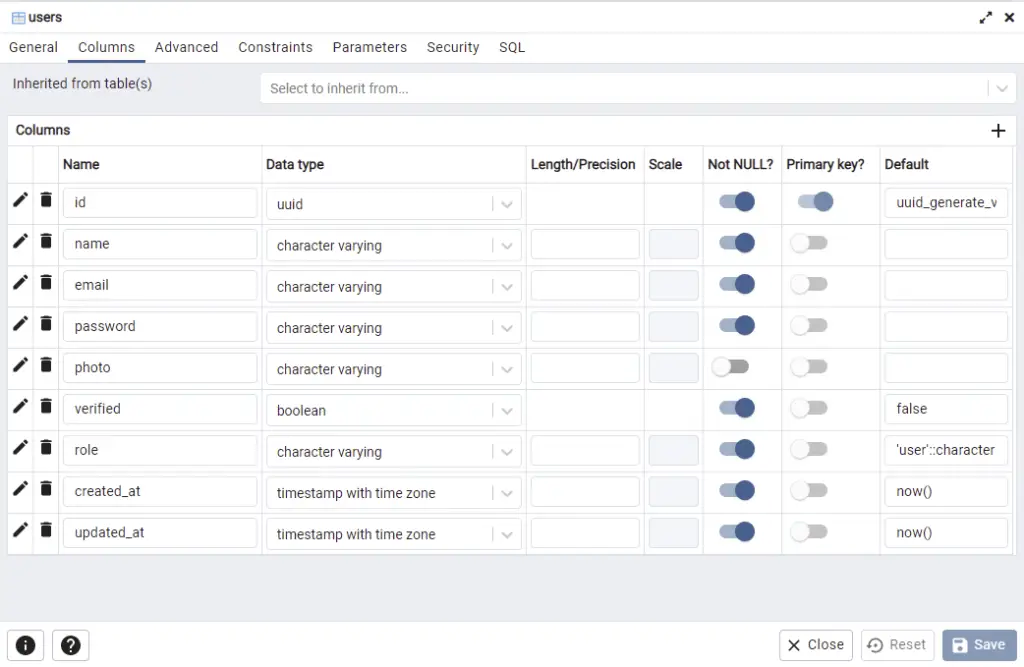 pgadmin to see all the columns defined by sqlalchemy