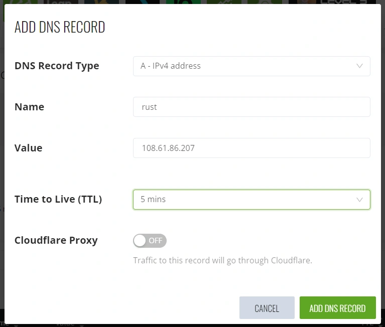 enter rust as the name of the a record and the ip as the value
