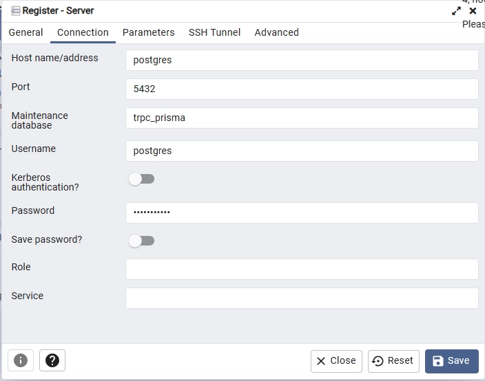 enter the postgres credentials on pgAdmin to register the server using the credentials provided in the .env file