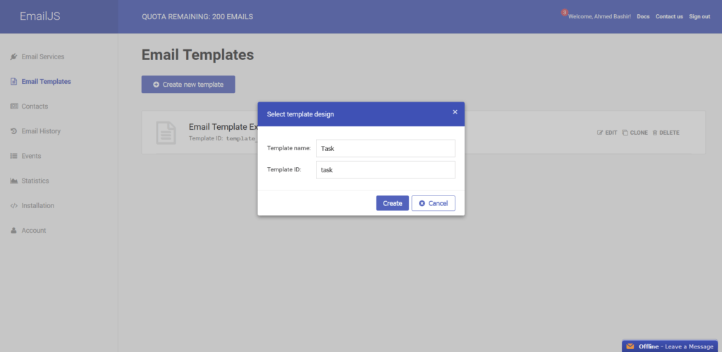 emailjs new template