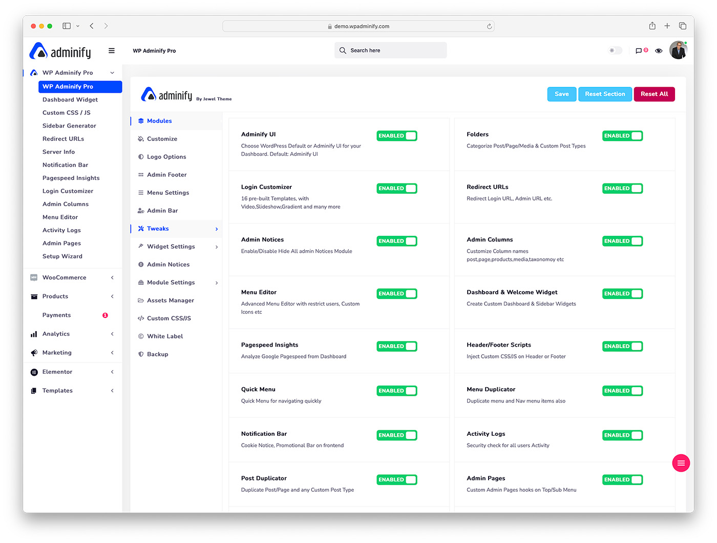 WP Adminify feature list as seen in their settings page.