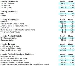 A data table shows employment statistics. Categories: Worker Age, Worker Sex, Worker Race, Worker Ethnicity, Earnings, Educational Attainment. Each category lists subcategories with respective counts and percentages.