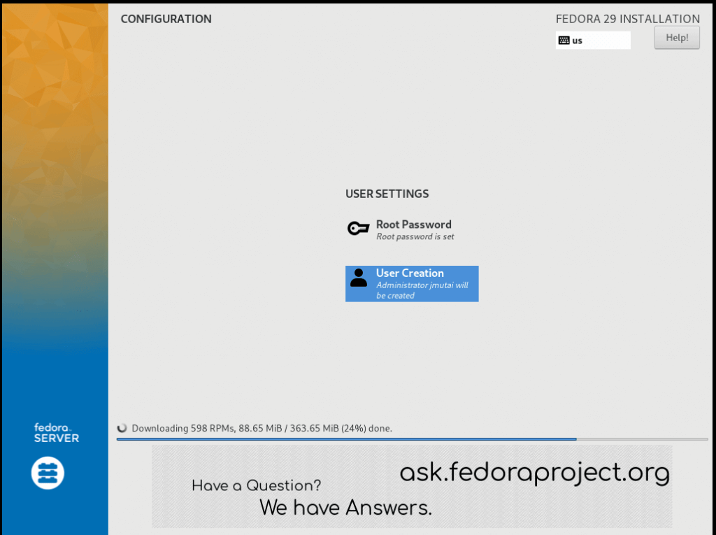 Install Fedora on Physical Server / VirtualBox & Vagrant 8 fedora 29 install set root password add user done 04 min