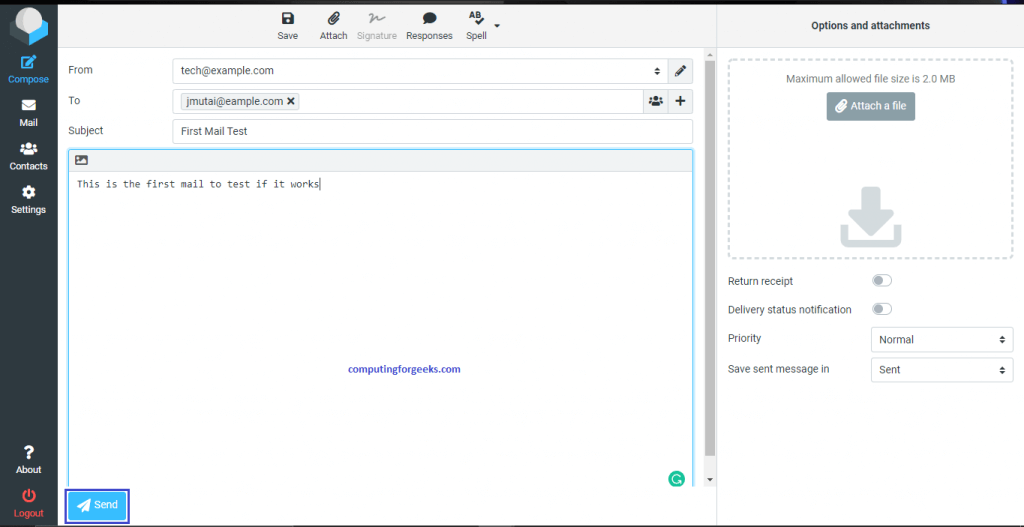 Setup Mail Server on CentOS 8 With Postfix, Dovecot, MySQL and RoundCube 11 roundcube 10 mailtest