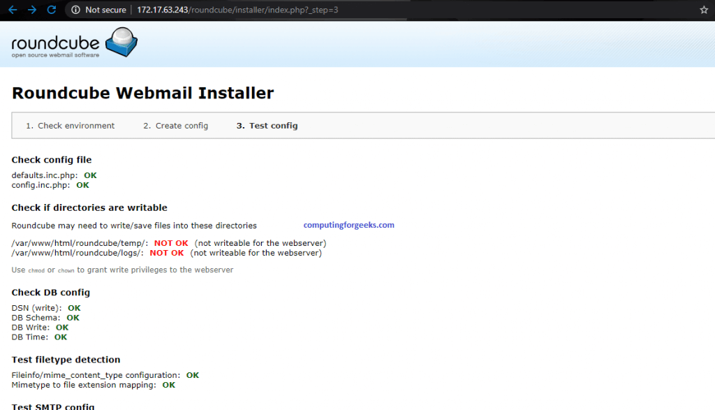 Setup Mail Server on CentOS 8 With Postfix, Dovecot, MySQL and RoundCube 7 roundcube 6 testconfig