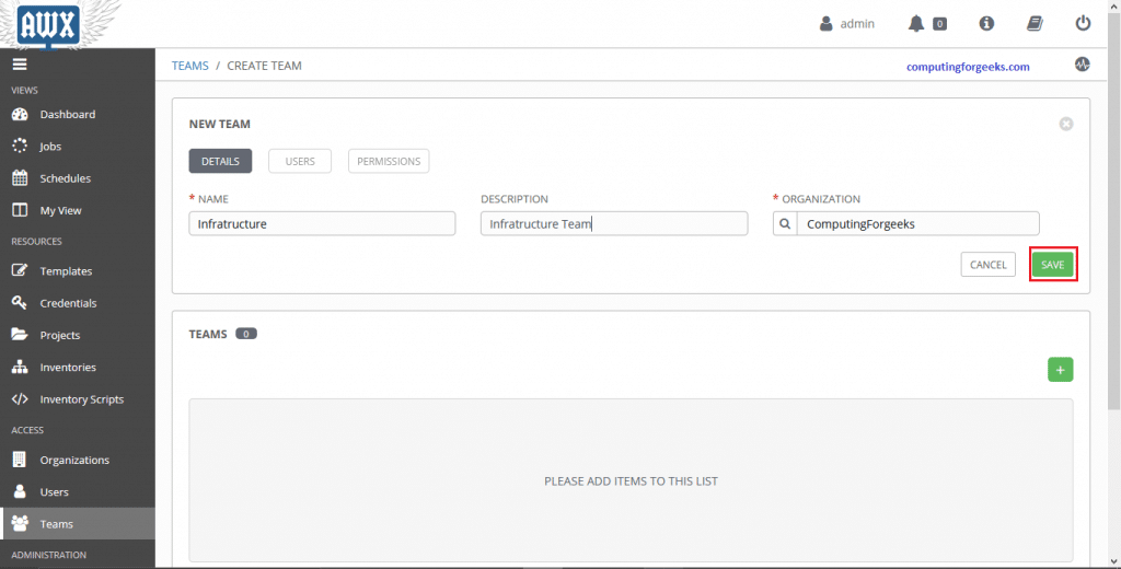Install Ansible AWX on Rocky Linux 10 / RHEL 10 / AlmaLinux 5 AWX team created successfully