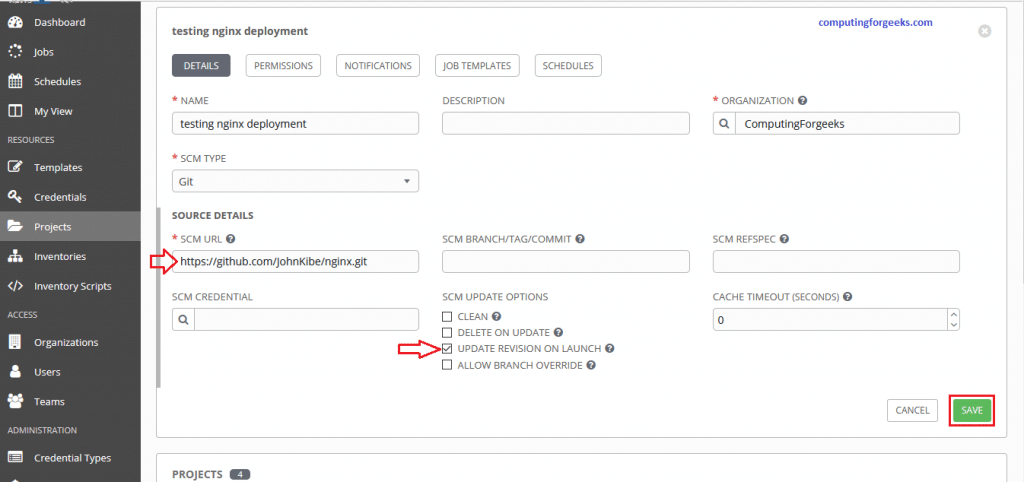 Install Ansible AWX on Rocky Linux 10 / RHEL 10 / AlmaLinux 20 AWX project Git SCM configuration
