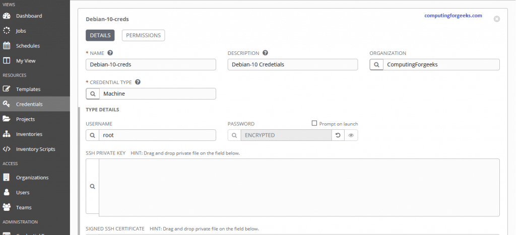 Install Ansible AWX on Rocky Linux 10 / RHEL 10 / AlmaLinux 13 AWX credential saved