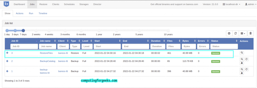 Install Bareos Backup on Debian 13 / Debian 12 12 Bareos restore job status showing completion