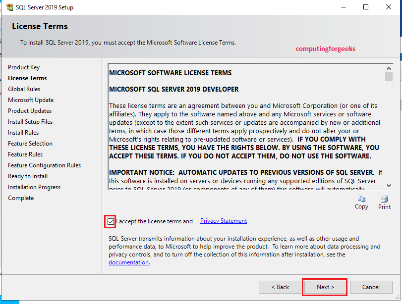 Install SQL Server 2019 Developer on Windows Server 2022 10 sqlserver2019 agree on license terms 10