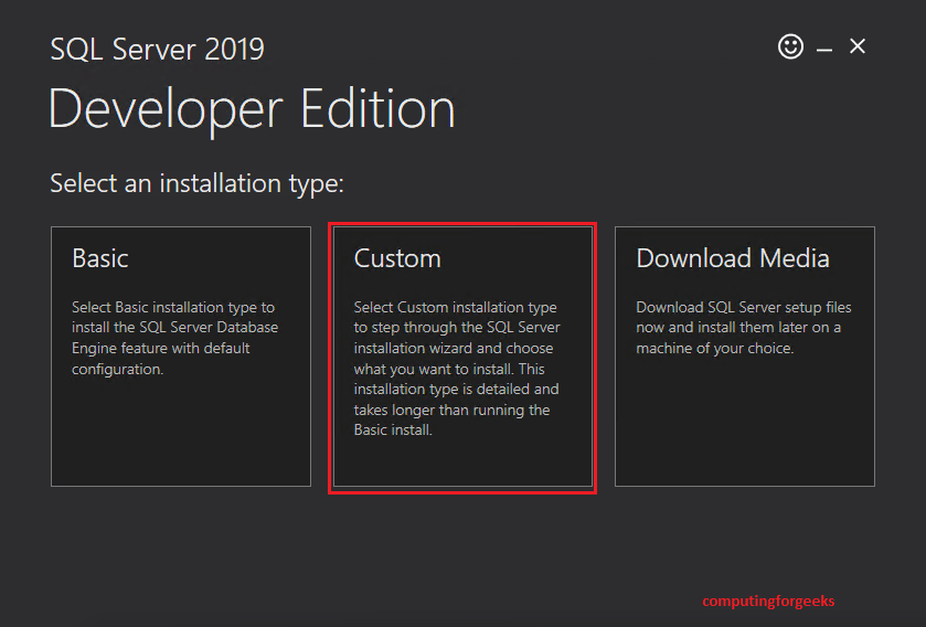 Install SQL Server 2019 Developer on Windows Server 2022 4 sqlserver2019 black interface click custom 4