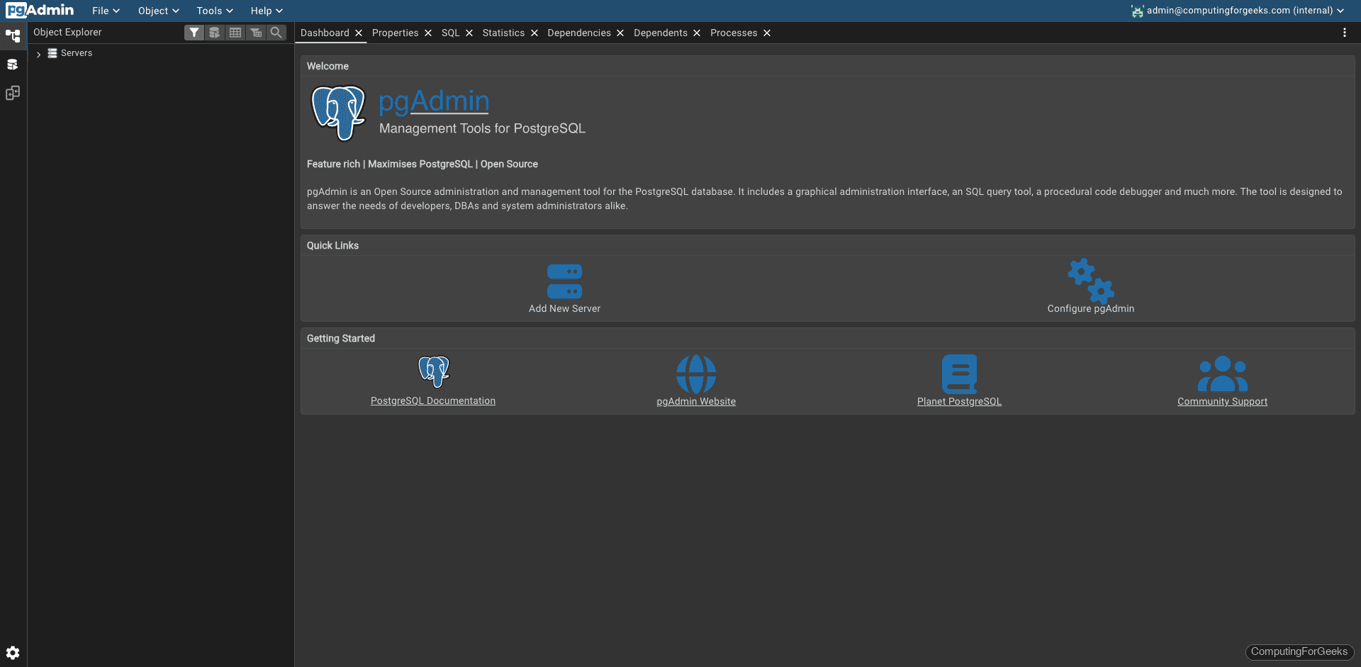 Install pgAdmin 4 on Debian 13 / 12 3 pgAdmin 4 browser tree showing PostgreSQL databases and tables