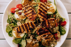 A salad topped with grilled chicken.