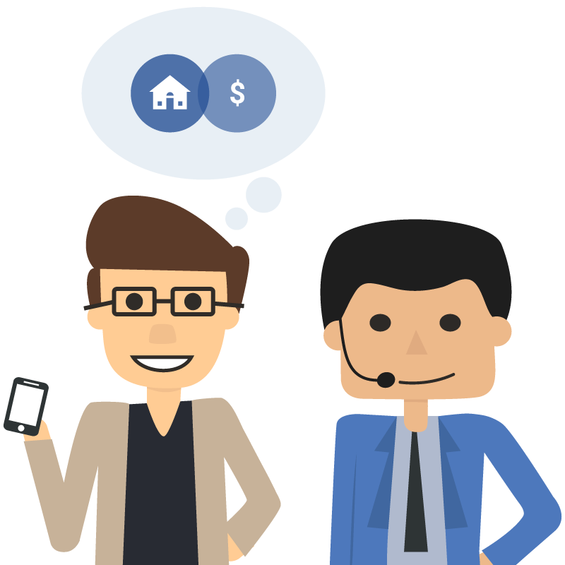 Man in glasses thinking about a house and money talking with an insurance agent wearing a microphone headset.