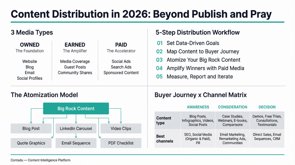 Content Distribution in 2026 infographic – Owned, Earned, Paid framework by Contadu